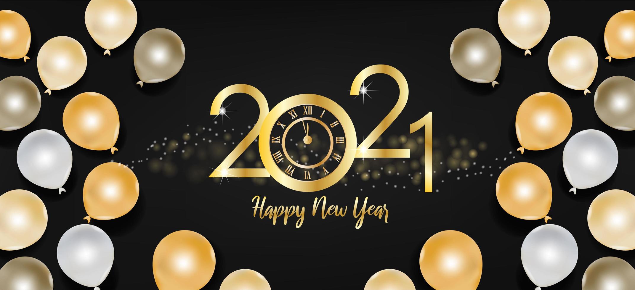 Happy new year 2021 text and gold and black balloons vector