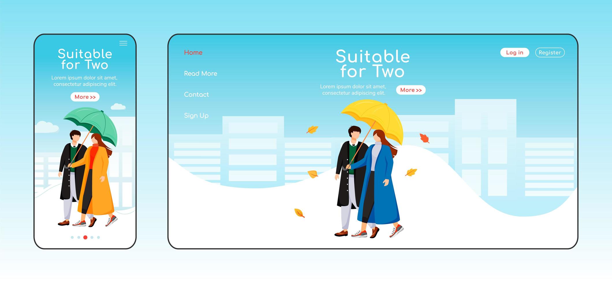 Suitable for two umbrella landing page flat color vector template