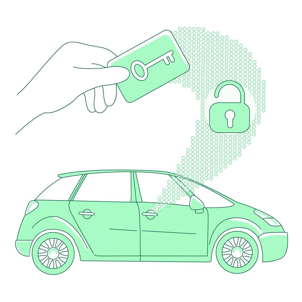 Tarjeta y cerradura sin llave, ilustración de vector de concepto de línea delgada de acceso de automóvil