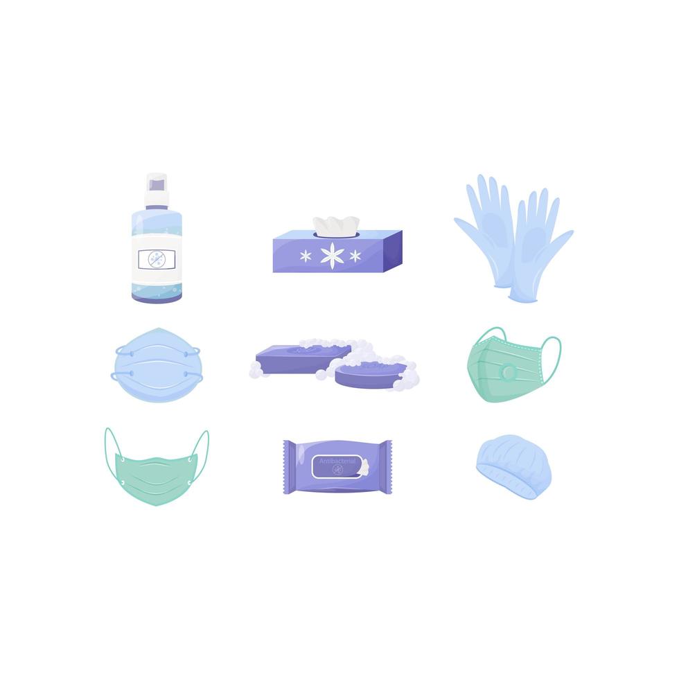 Personal hygiene and disinfection products flat color vector objects set