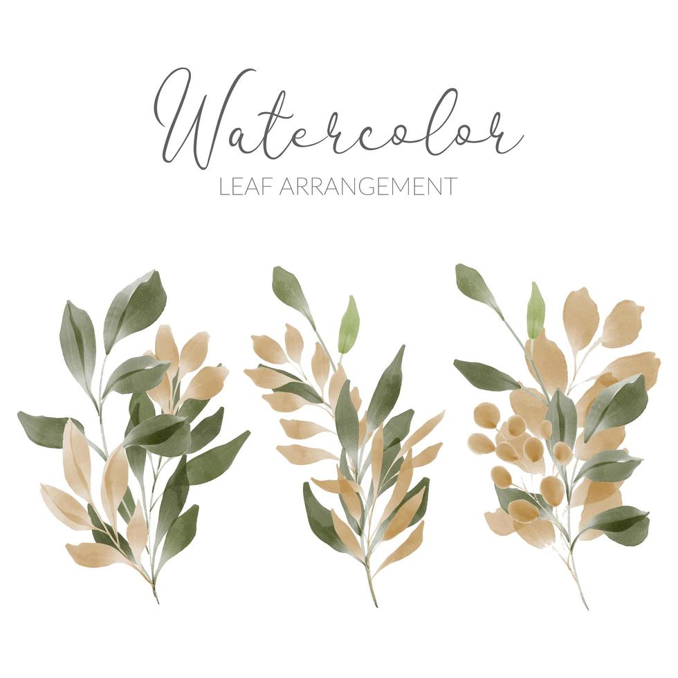 watercolor green leaf illustration with golden foliage set vector