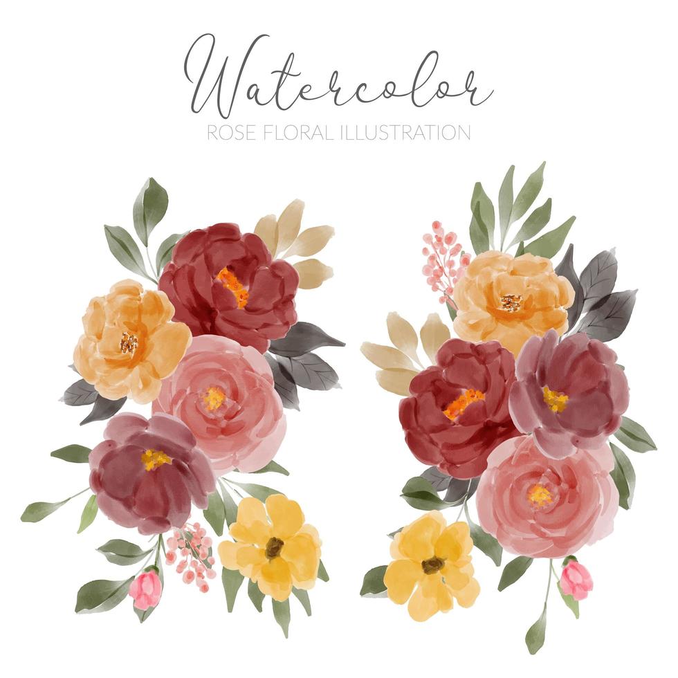 conjunto de ilustración de arreglo floral rosa acuarela vector