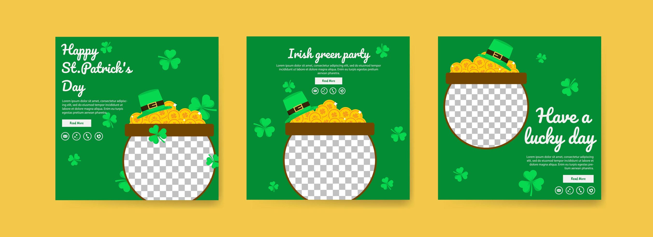 colección de plantillas de publicaciones en redes sociales para el día de San Patricio. Celebre el día de San Patricio. que tengas un día de suerte. fiesta verde irlandesa. vector