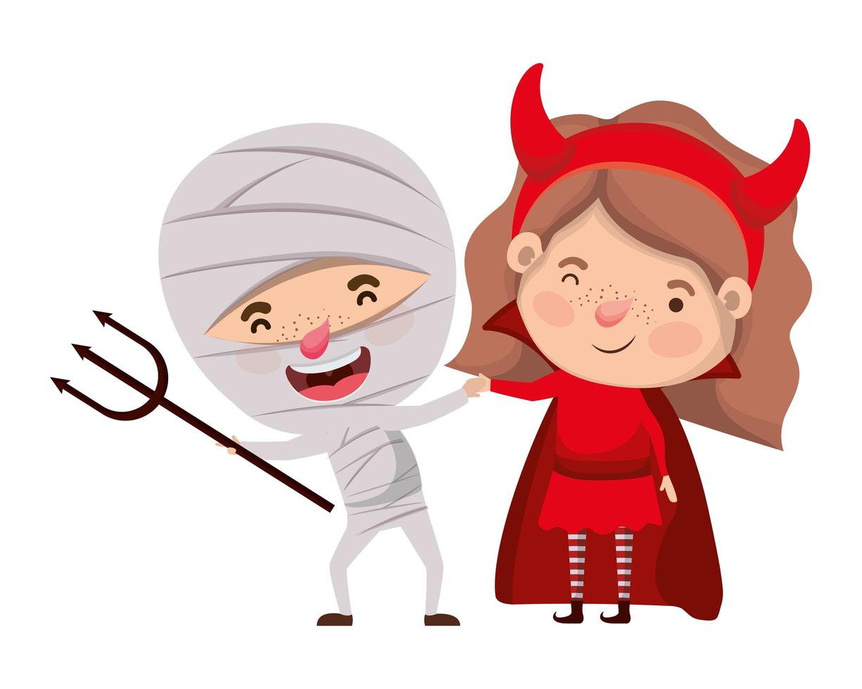 cute little kids with mummy and devil costume vector