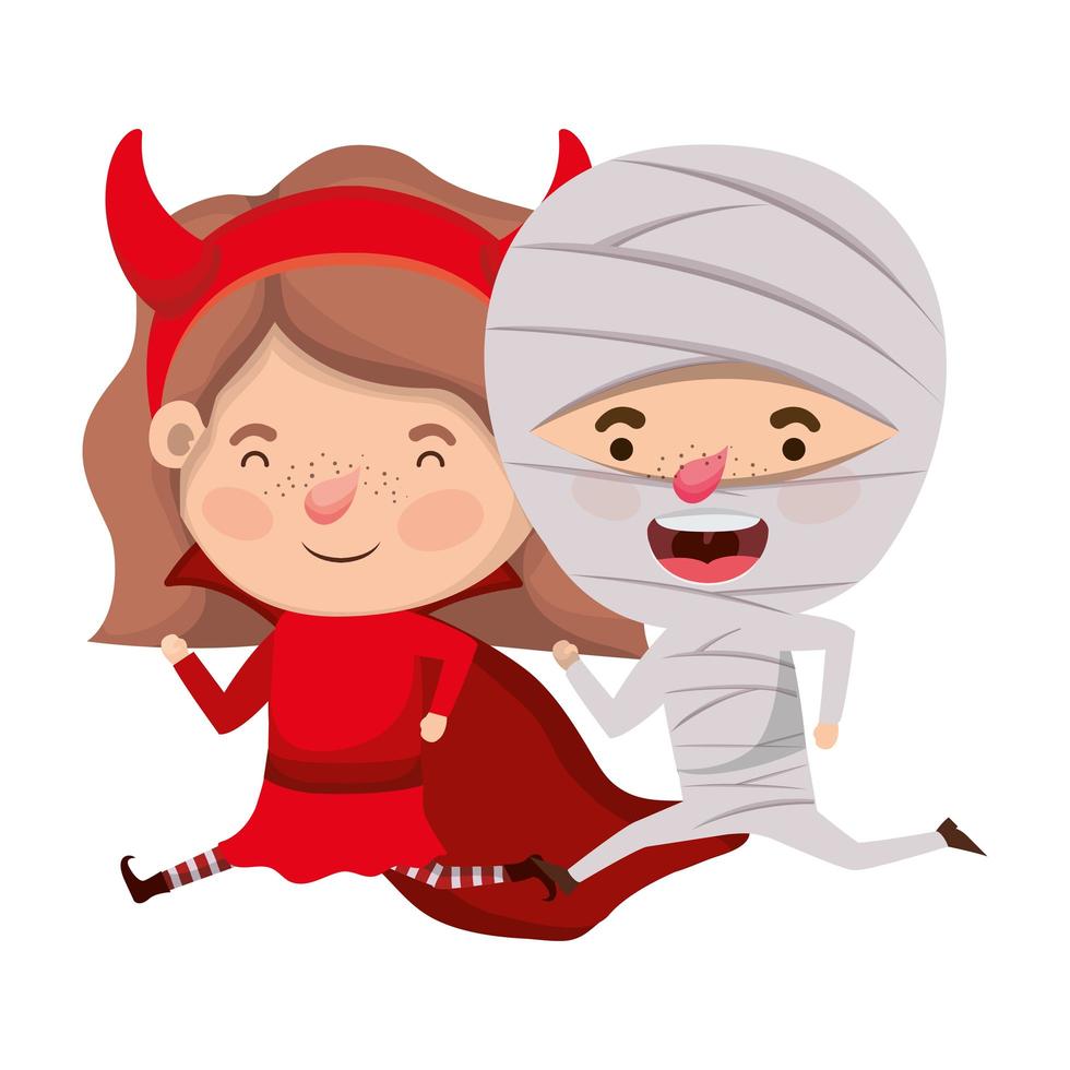 cute little kids with mummy and devil costume vector