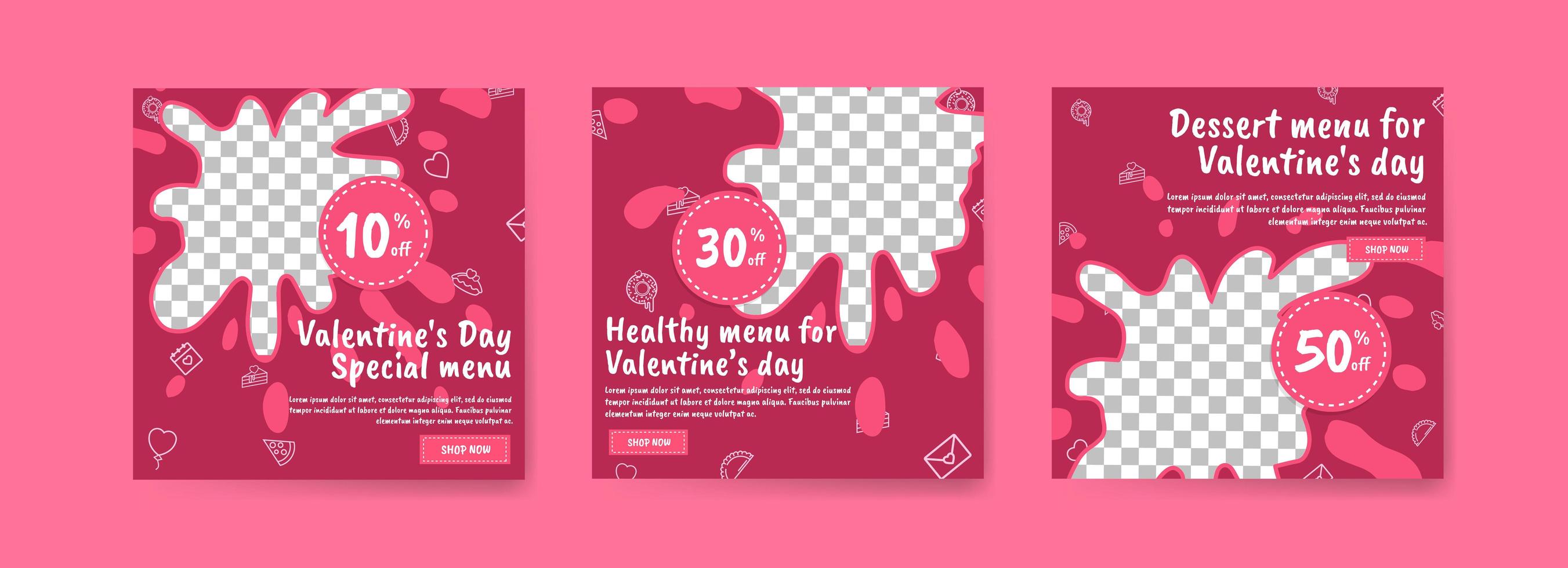 Plantilla de publicación de redes sociales para marketing digital y promoción de ventas en el día de San Valentín. publicidad para menús especiales de comida de san valentín. buena comida sana para el dia de san valentin vector