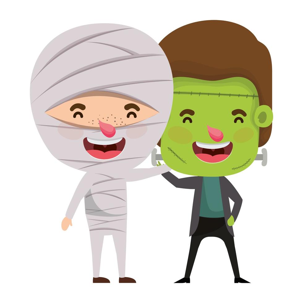 cute little boys with mummy an frankenstein costume vector