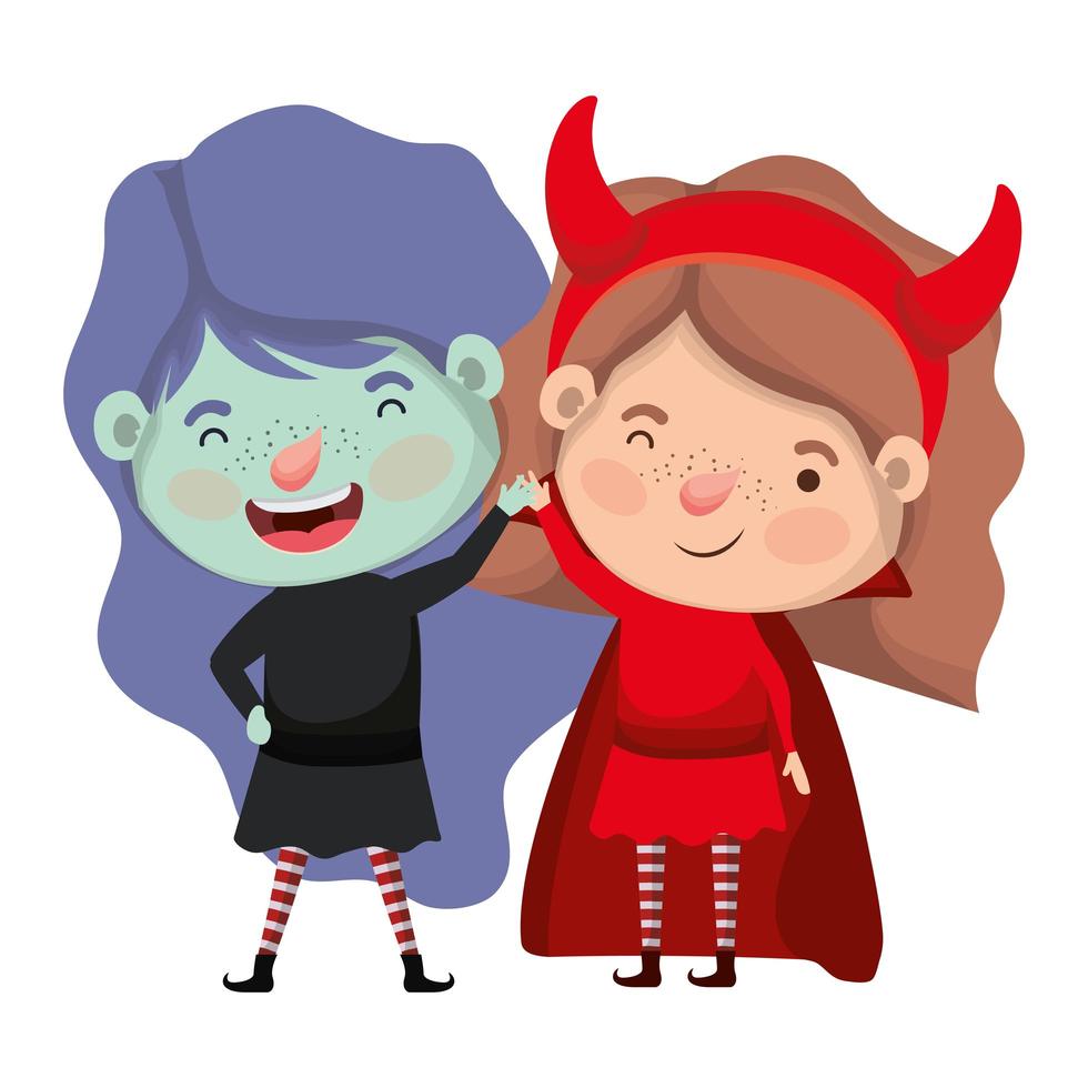 cute little girls with witch and devil costume vector