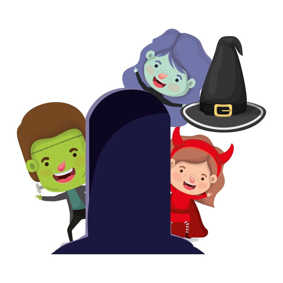 cute little kids with costume in grave cemetery vector