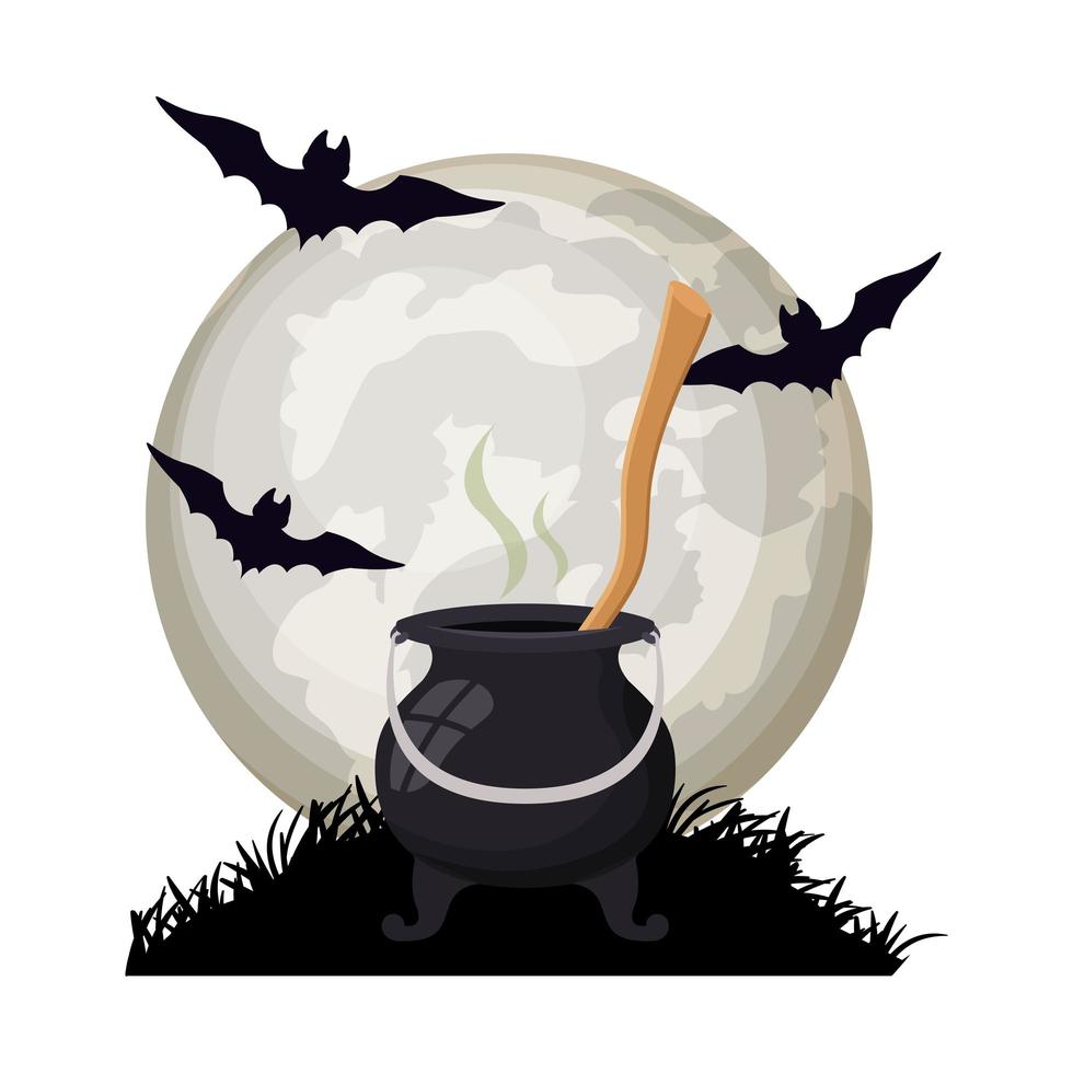 halloween bats flying with cauldron in night scene vector