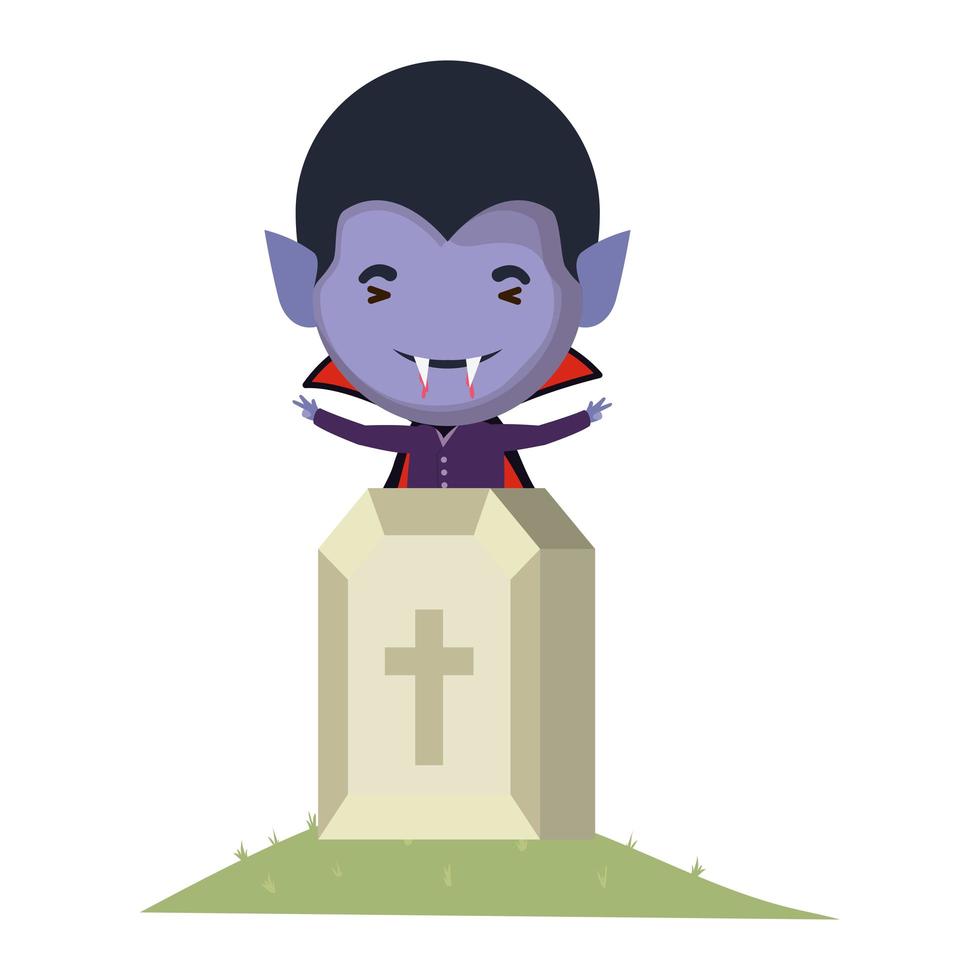 lindo niño con disfraz de drácula y cementerio vector