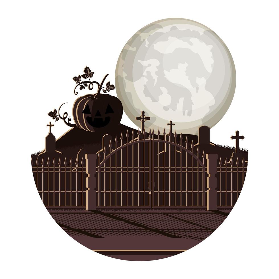 dark cemetery with pumpkin night scene icon vector