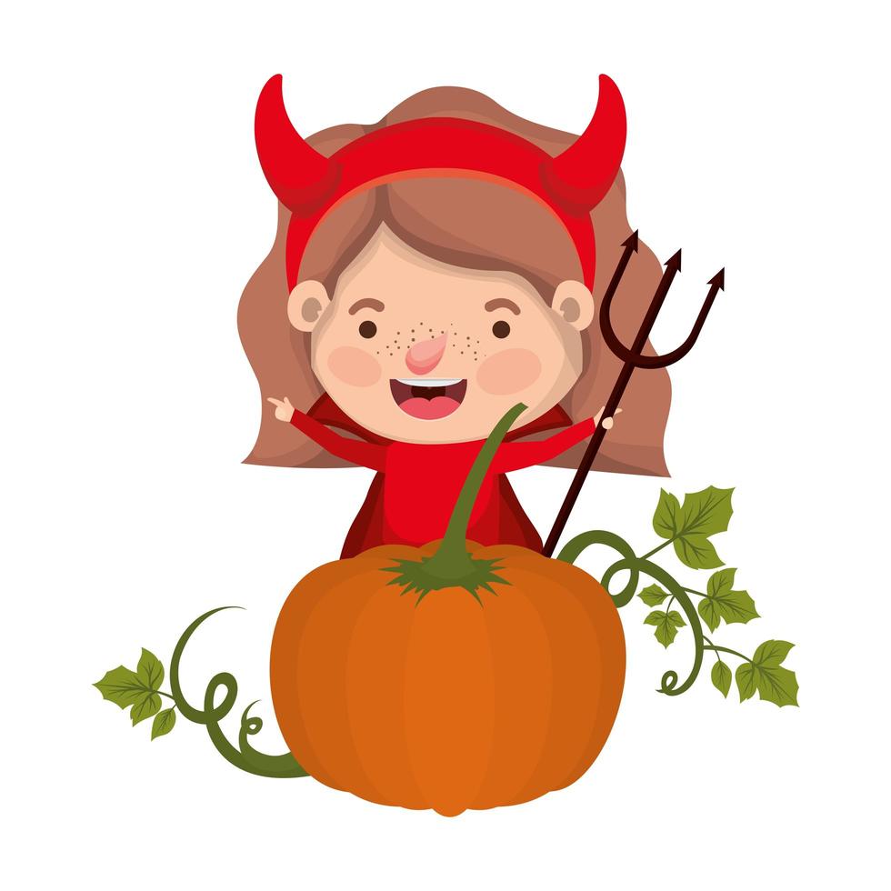 cute little girl with devil costume and pumpkin vector