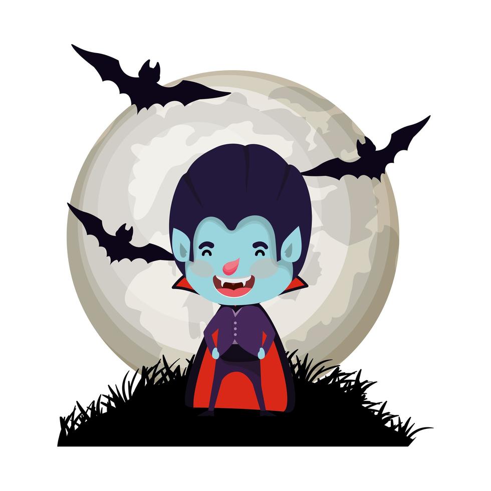 boy with dracula costume and bats flying in cemetery vector