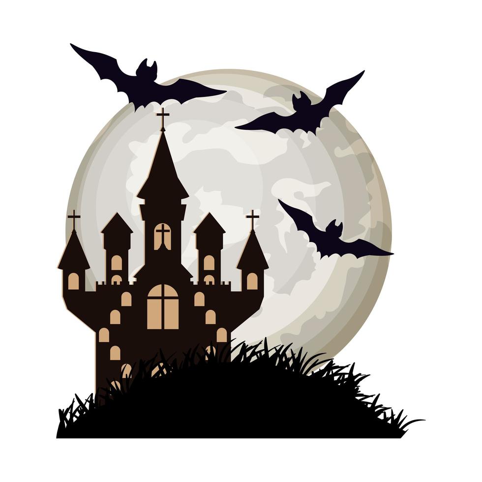 murciélagos de halloween volando con castillo en escena nocturna vector