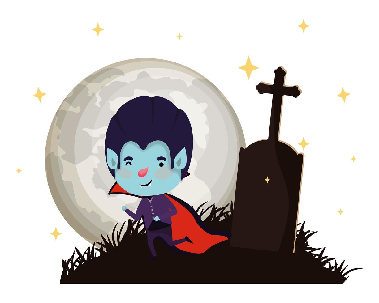 Niño lindo con traje de Drácula en el cementerio vector