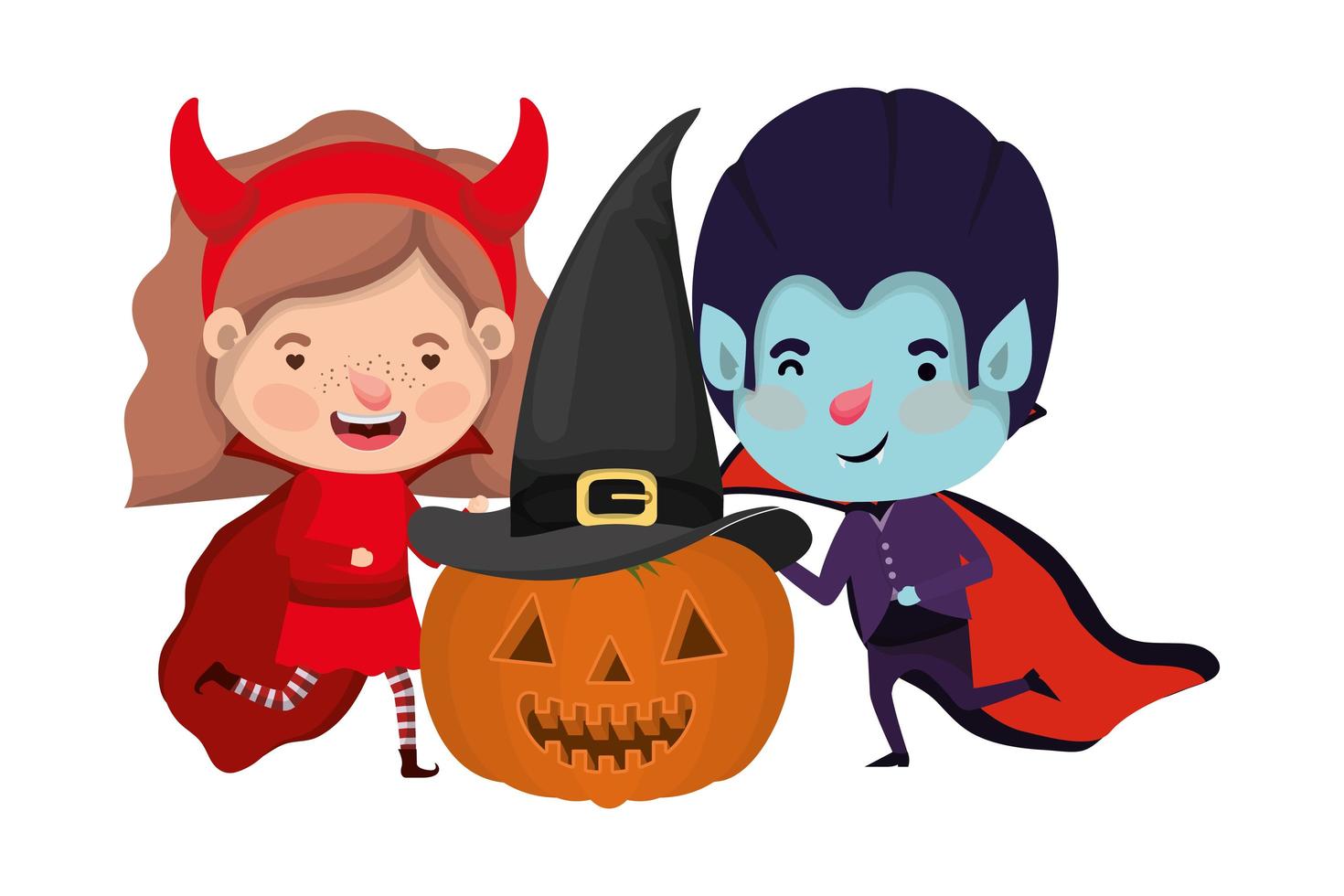 lindos niños pequeños con disfraz de drácula y diablo vector