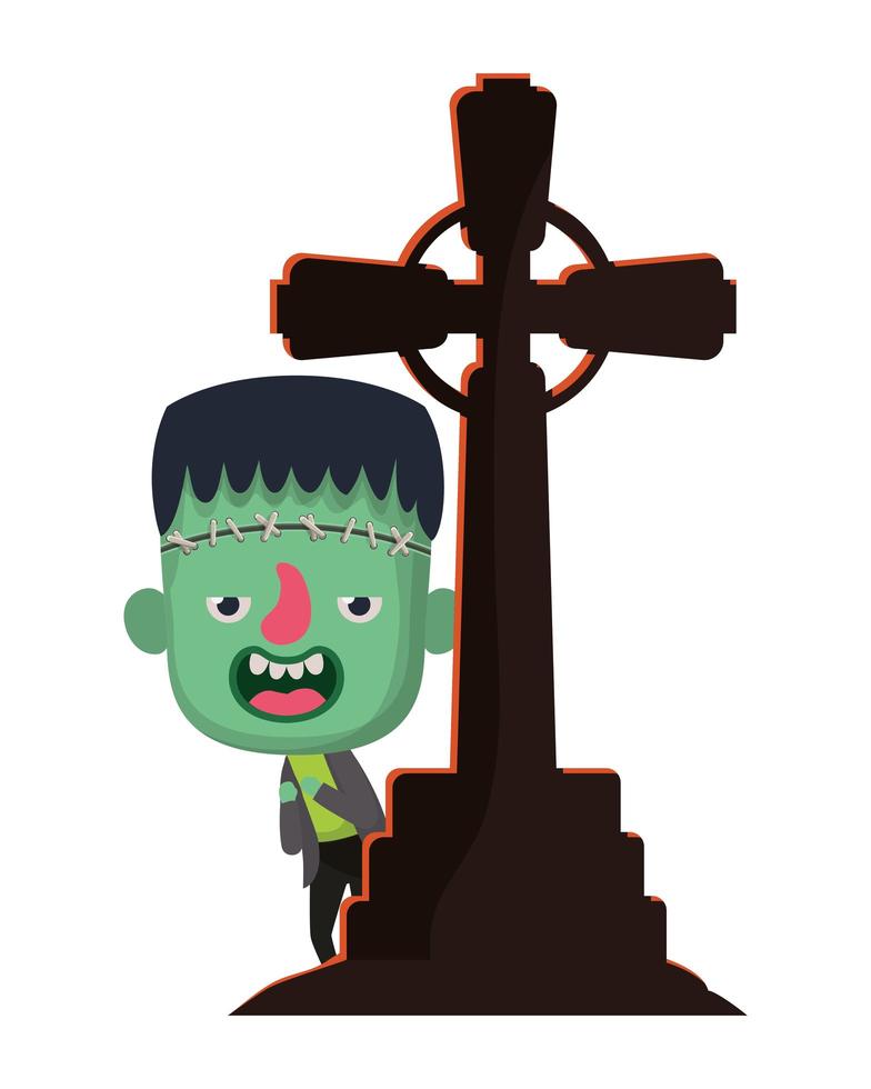 cute little boy with cross cemetery frankenstein costume vector