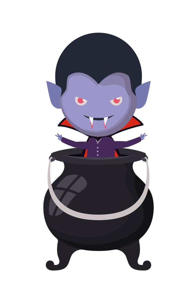 cute little boy with dracula costume and witch cauldron vector