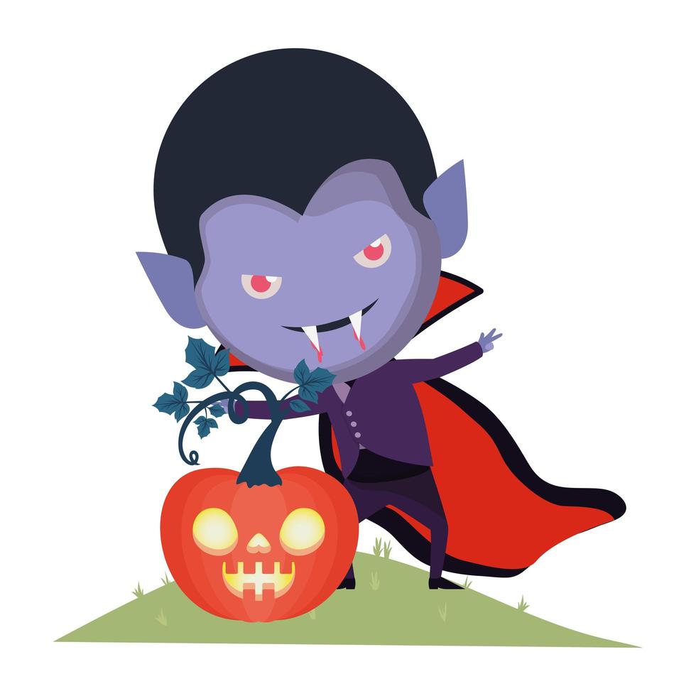 lindo niño con disfraz de drácula y calabaza vector