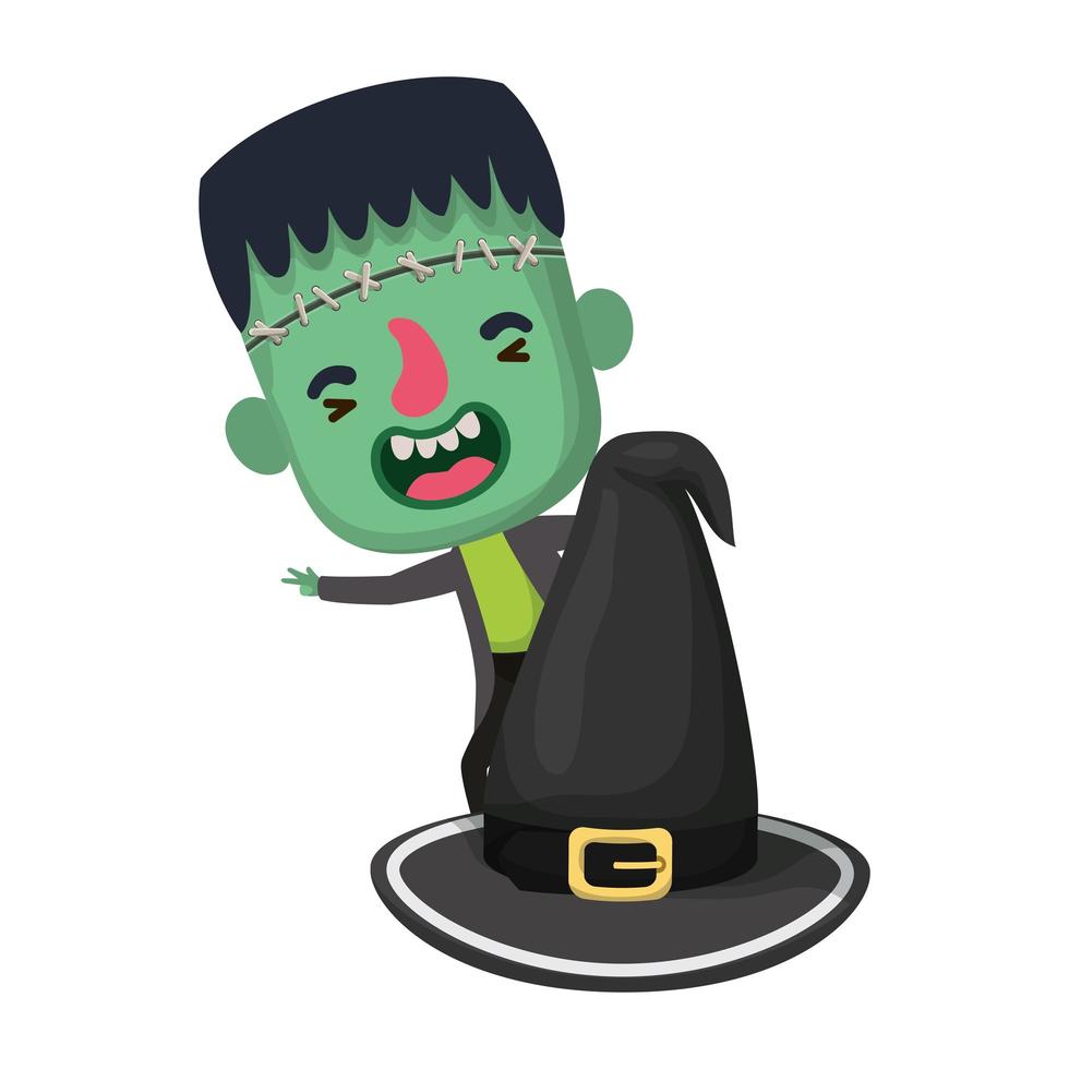 cute little boy with frankenstein costume and hat witch vector