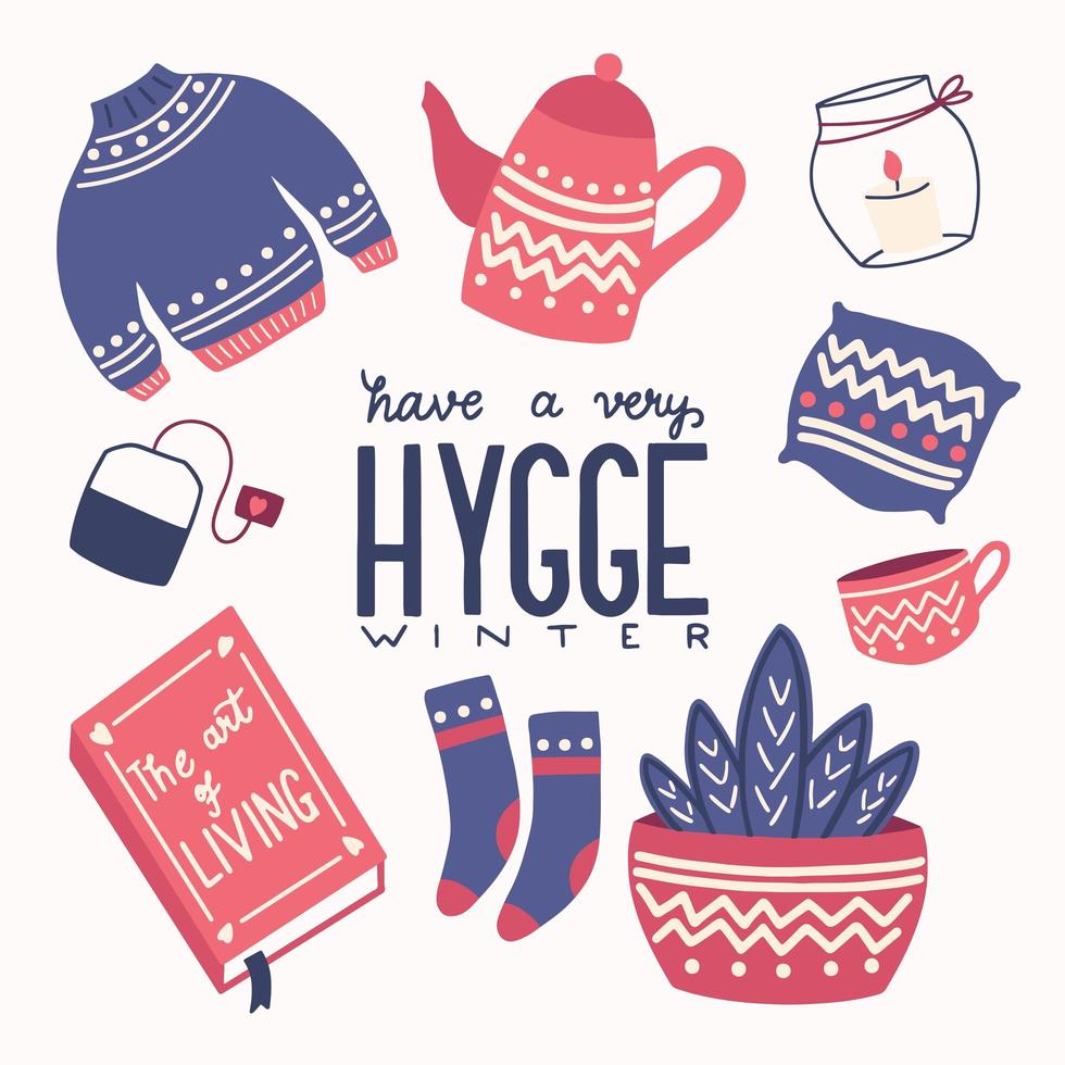 Hygge concept with colorful hand lettering and illustration design. Scandinavian folk motives. vector