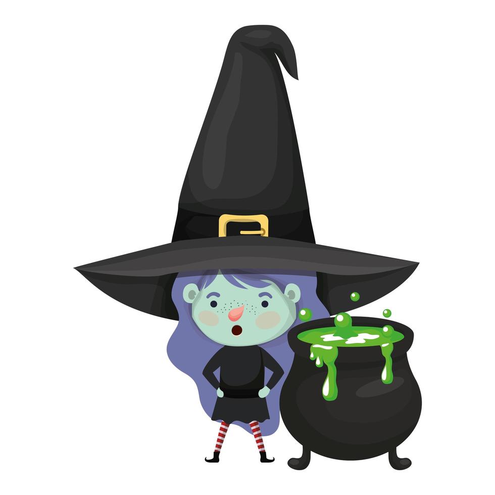 cute little girl with witch costume and cauldron vector