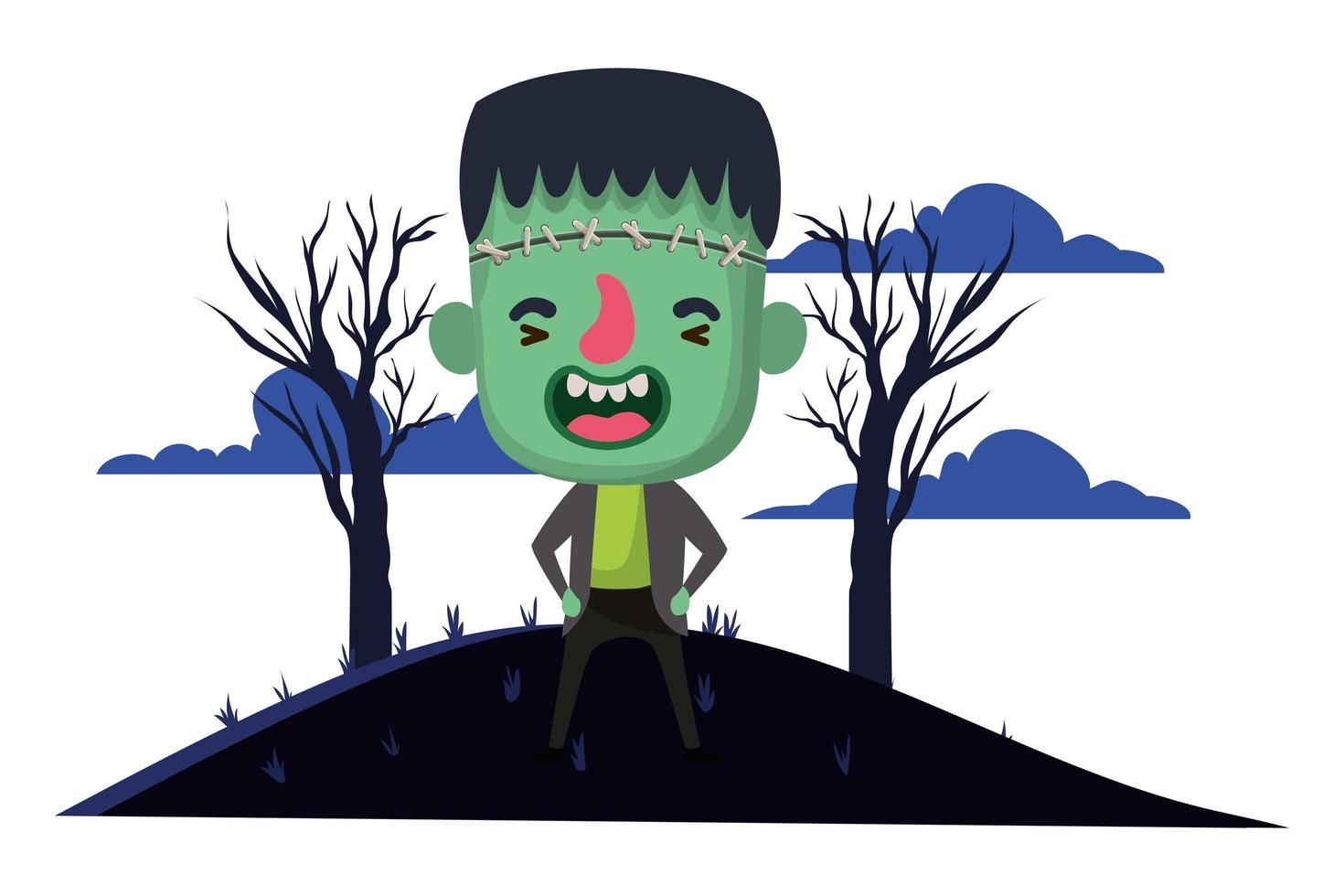 lindo niño con traje de frankenstein en escena oscura vector