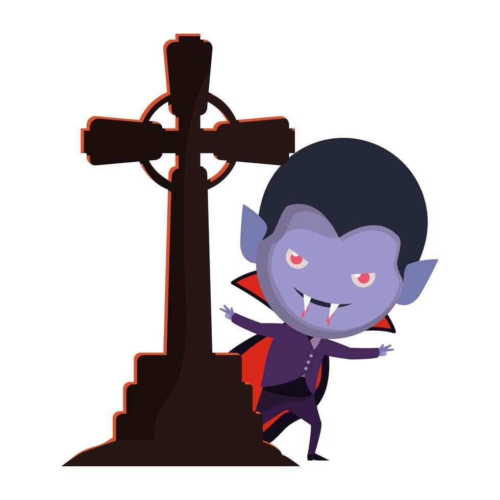 lindo niño con disfraz de drácula y cementerio vector