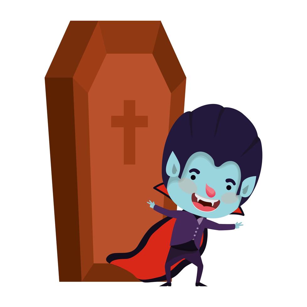 lindo niño con disfraz de drácula y ataúd vector