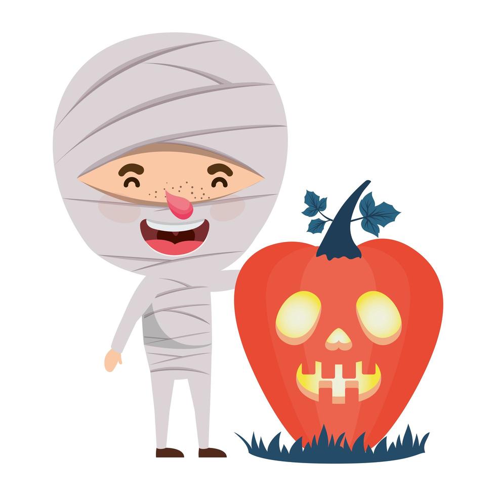 cute little boy with mummy costume and pumpkin vector