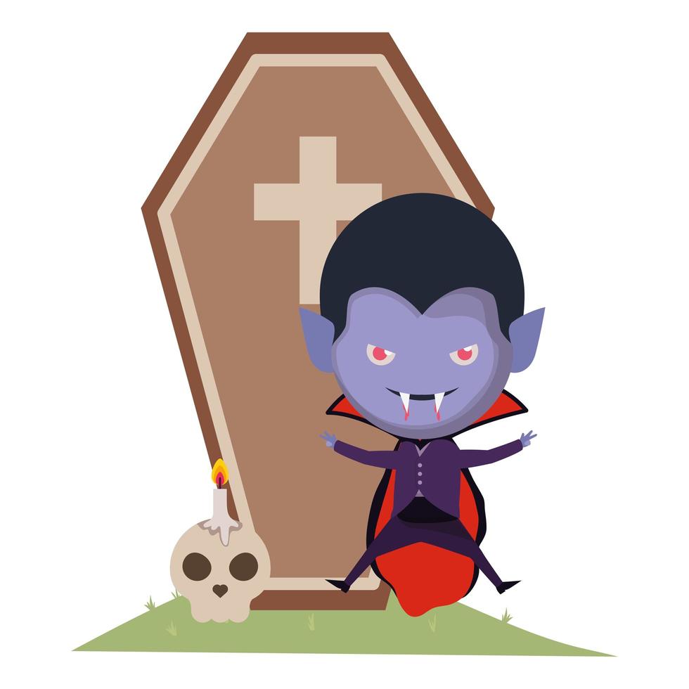 lindo niño con disfraz de drácula y ataúd vector