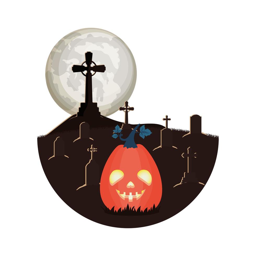 calabaza de halloween con lámpara de cara oscura en la escena del cementerio vector