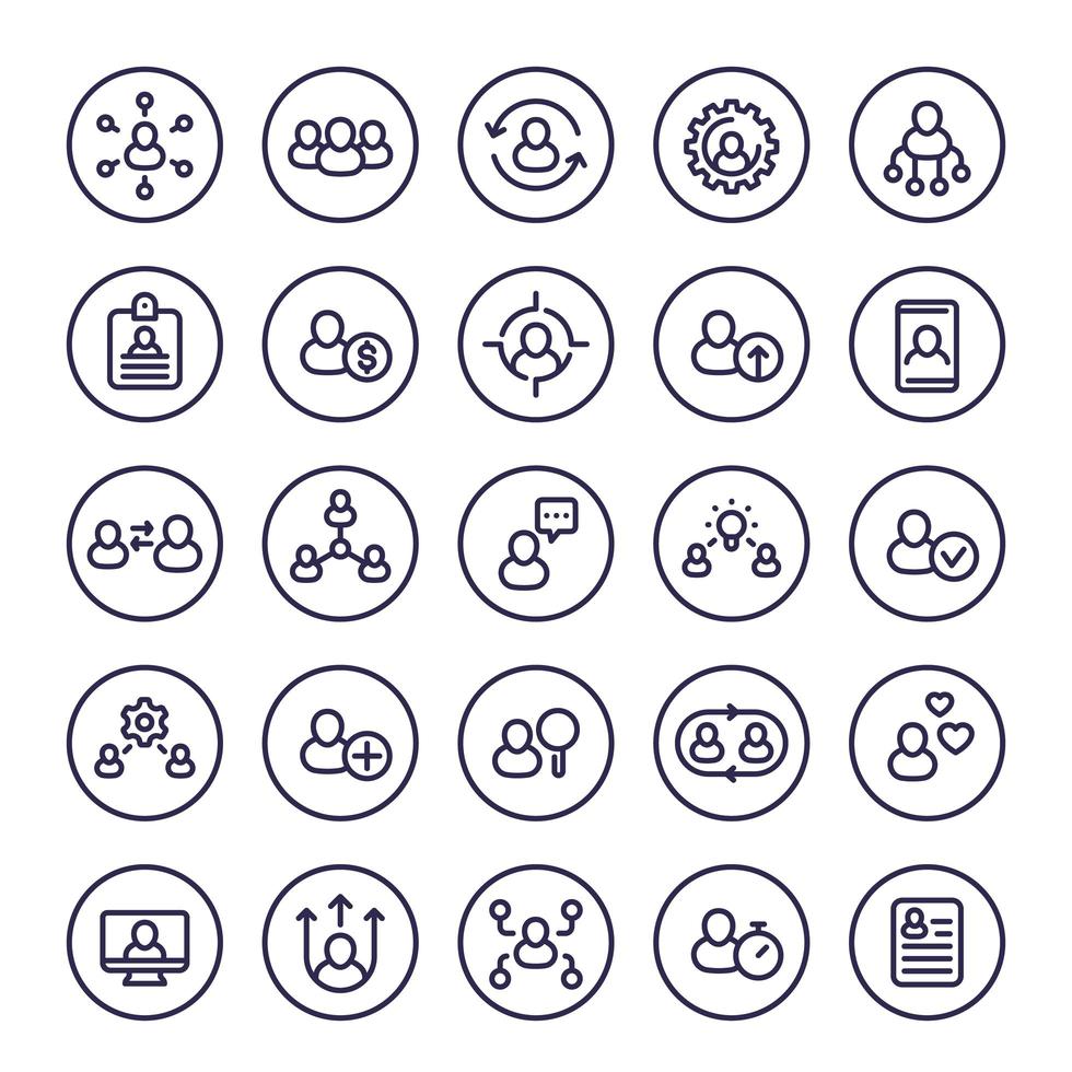 Human resources and personnel management line icons set, HR, staff rotation, interaction, coaching and hiring vector