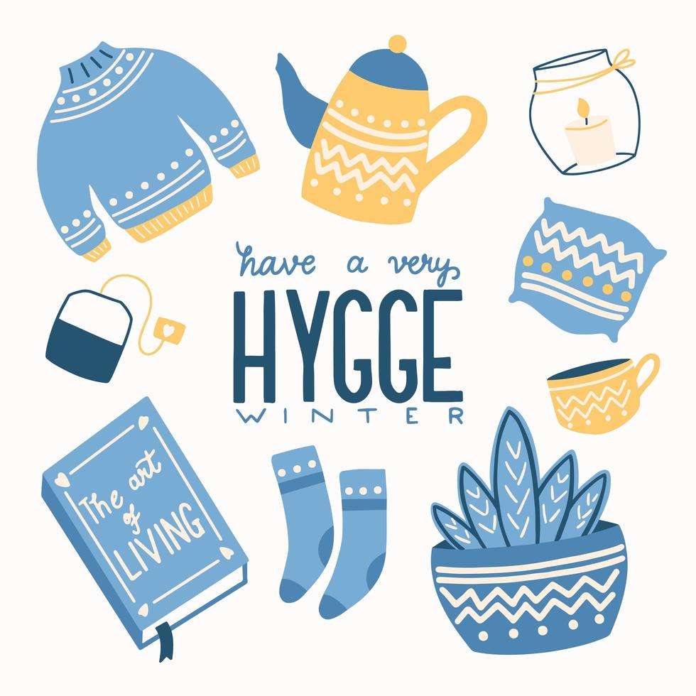 Hygge concept with colorful hand lettering and illustration design. Scandinavian folk motives. Cozy atmosphere at home. Flat vector illustration.