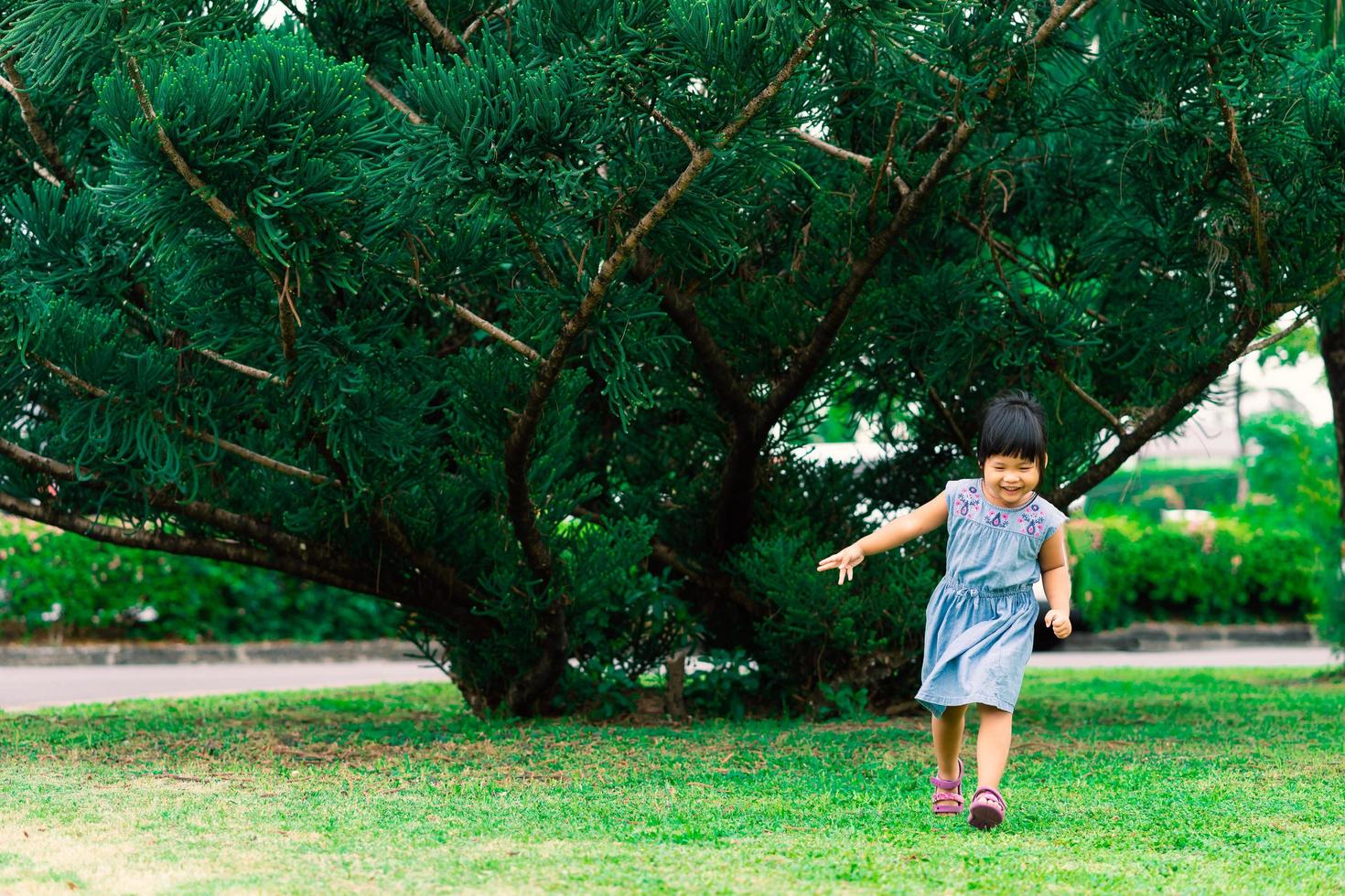 A happy little girl in a dress running in the park photo