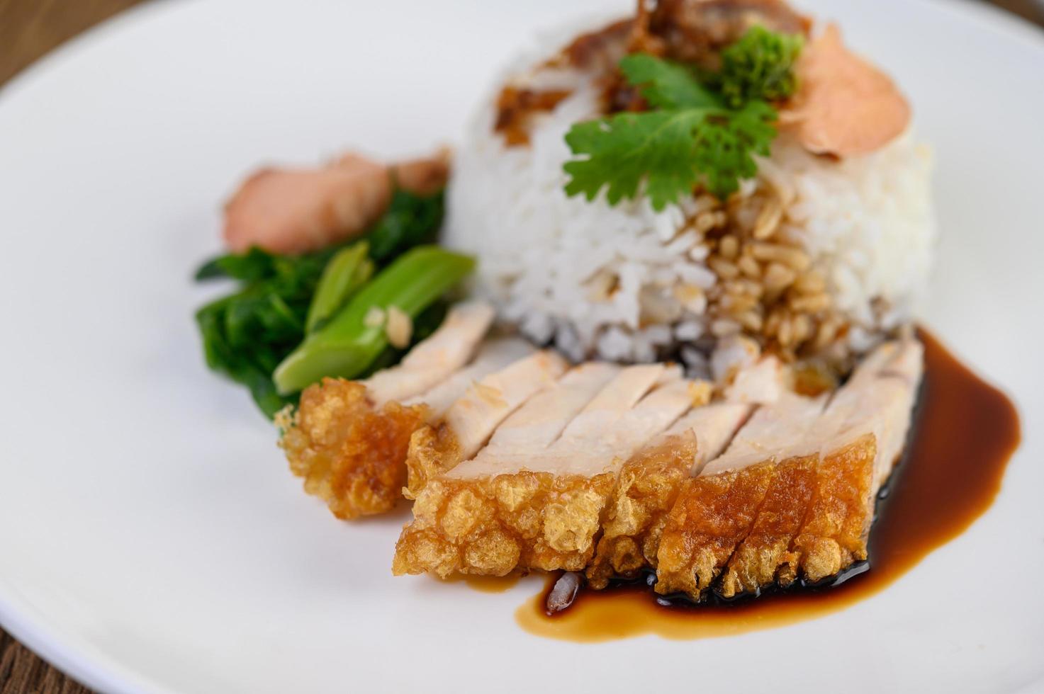 Crispy pork on a white rice topped with sauce photo