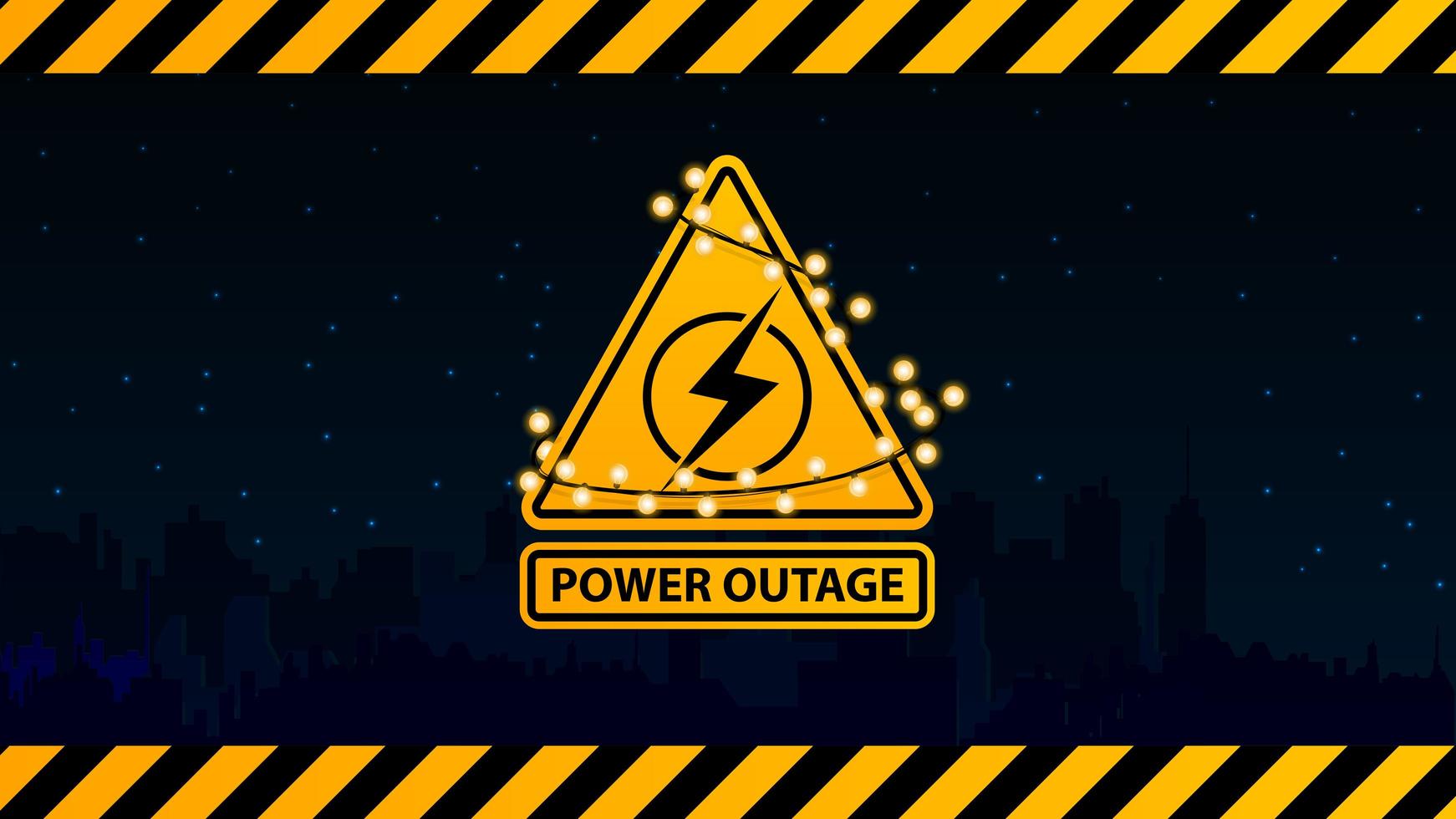 Power outage, yellow warning logo wrapped with a garland on the background of the city without electricity vector