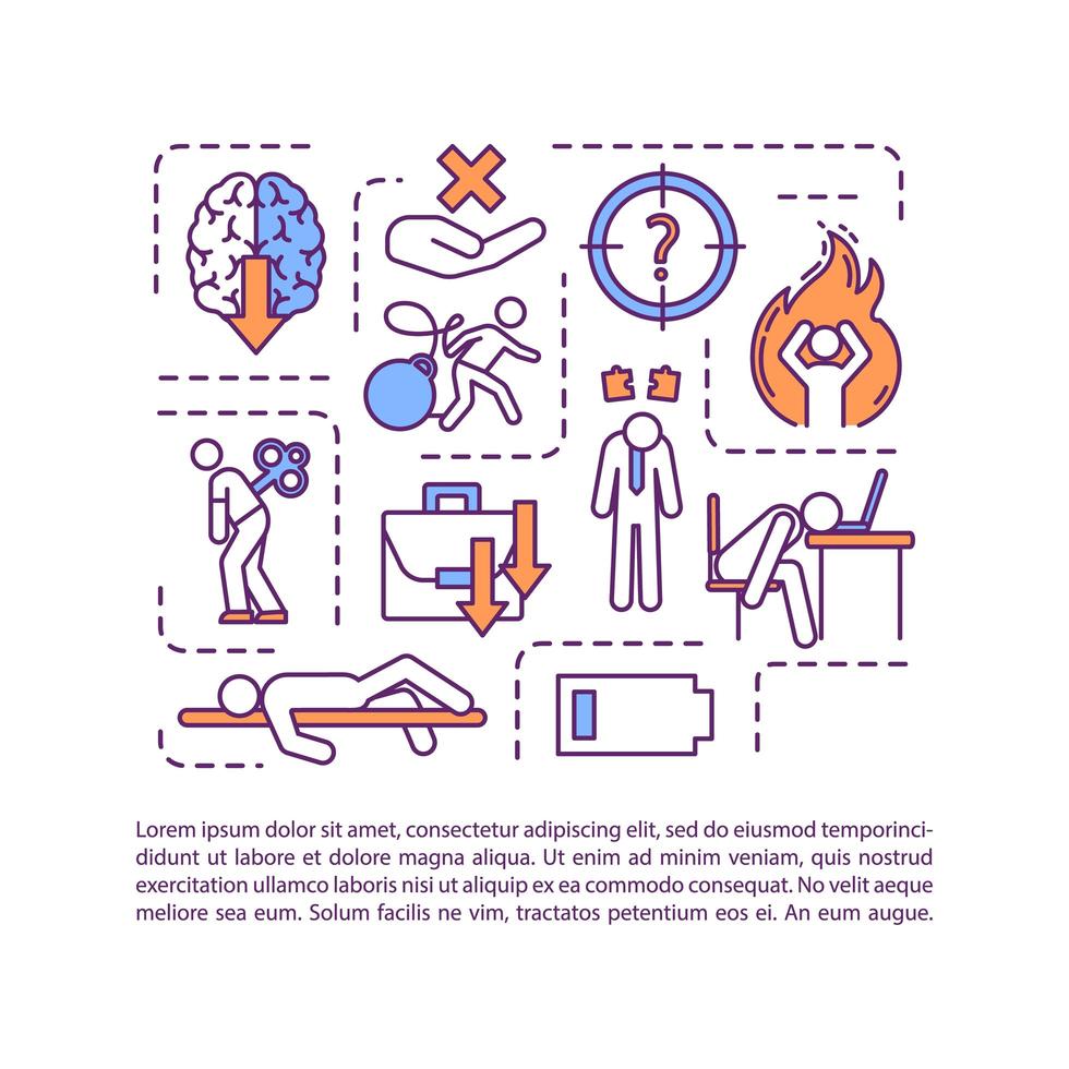 Absence of motivation concept icon with text. Anxiety, low energy. Reduced productivity. PPT page vector template. Brochure, magazine, booklet design element with linear illustrations