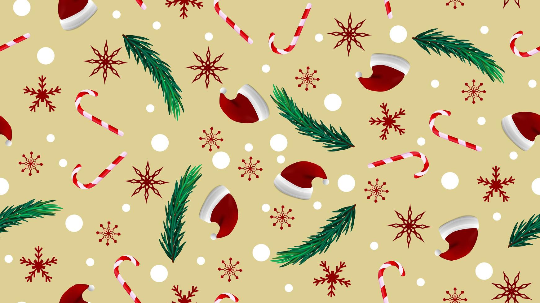 Navidad textura perfecta beige con sombrero de santa claus, ramas de árboles de Navidad, bastón de caramelo y copo de nieve vector