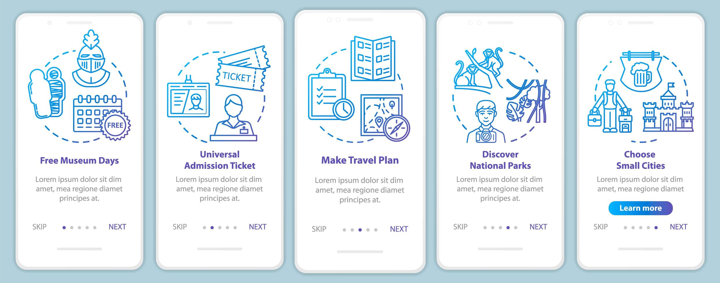 Excursions onboarding mobile app page screen with concepts. Free galleries. Parks attending. vector