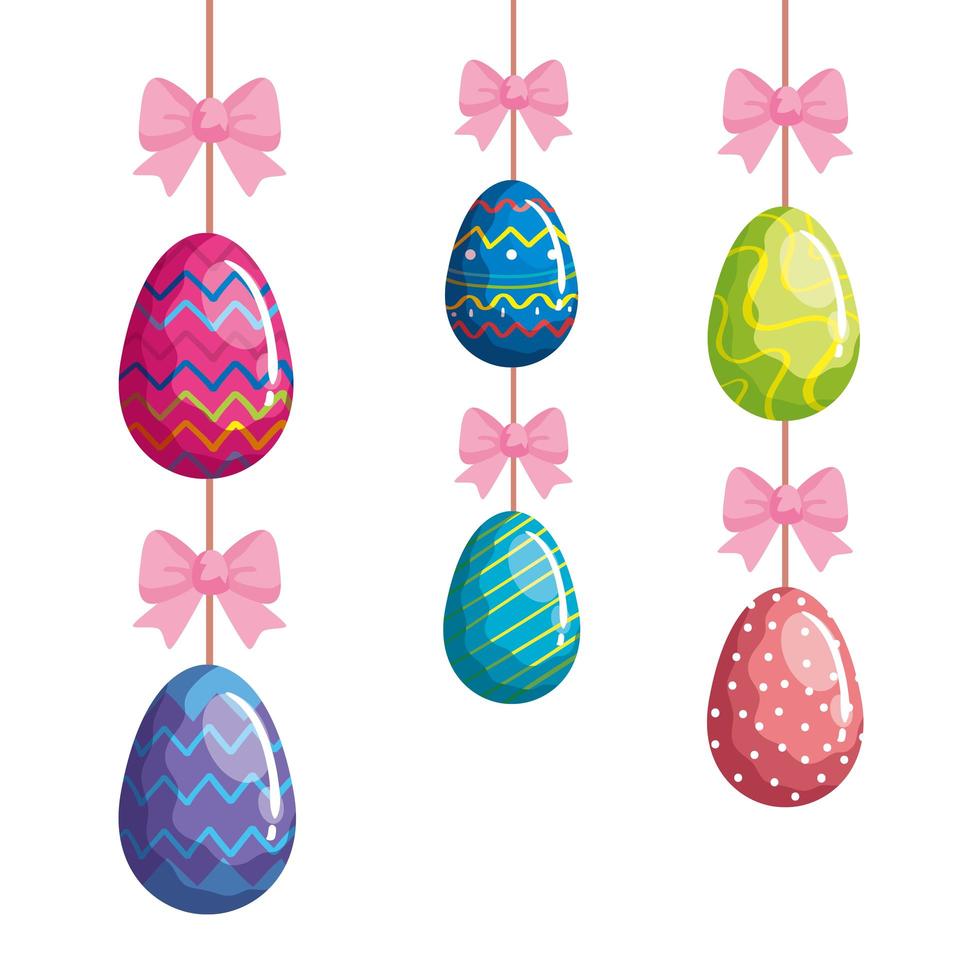 cute eggs easter decorated hanging with bow ribbon vector