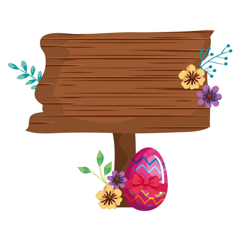 Señal de madera con huevo de pascua y flor. vector