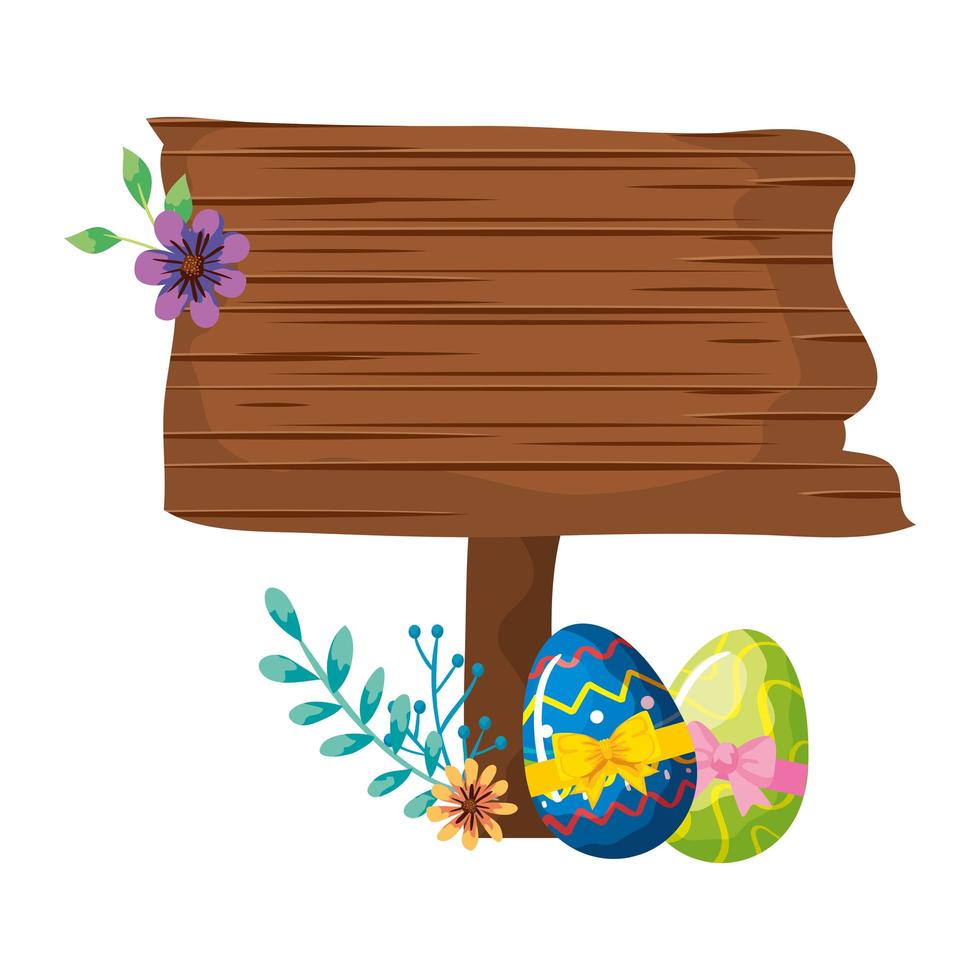 Señal de madera con huevos de pascua y flor. vector