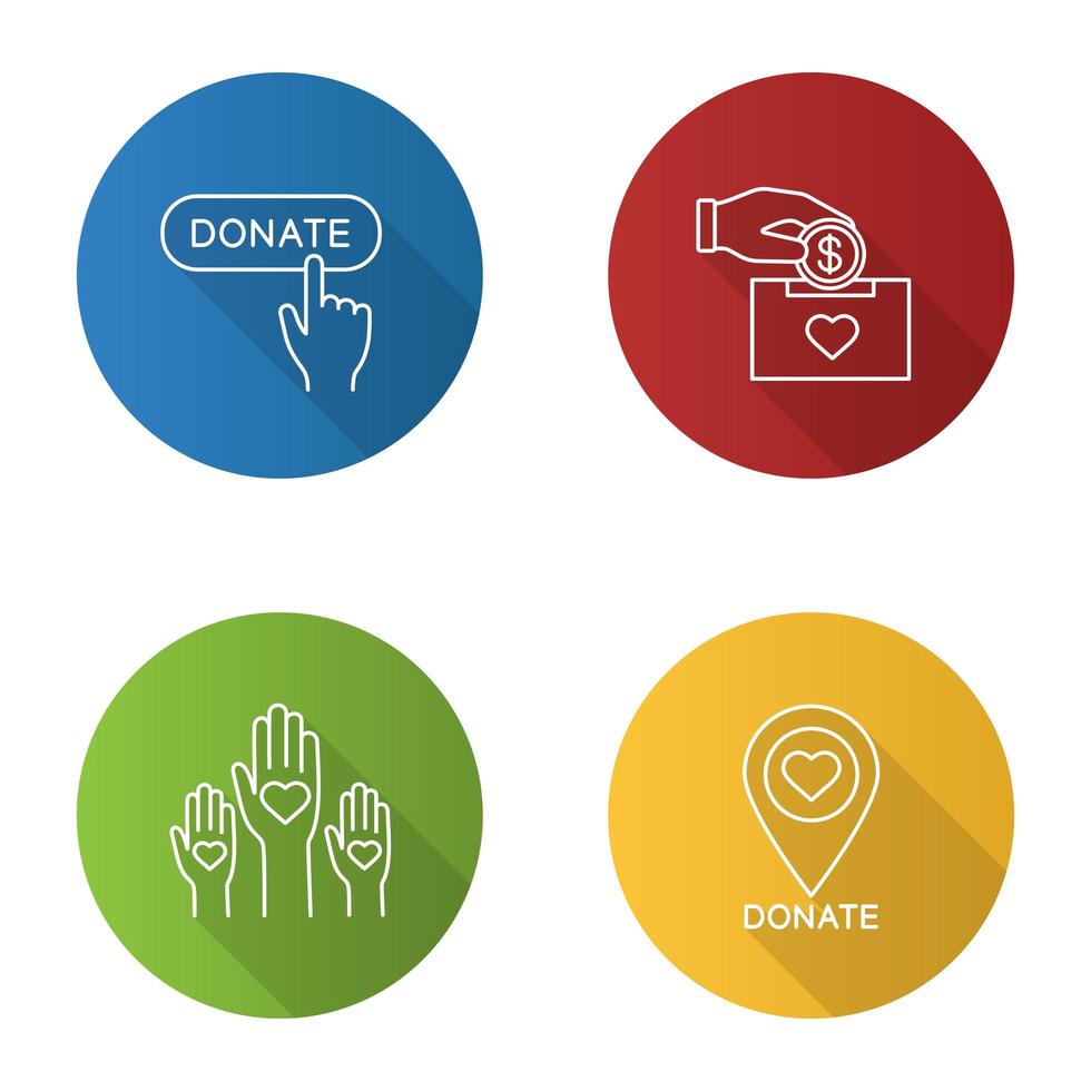 Charity flat linear long shadow icons set vector