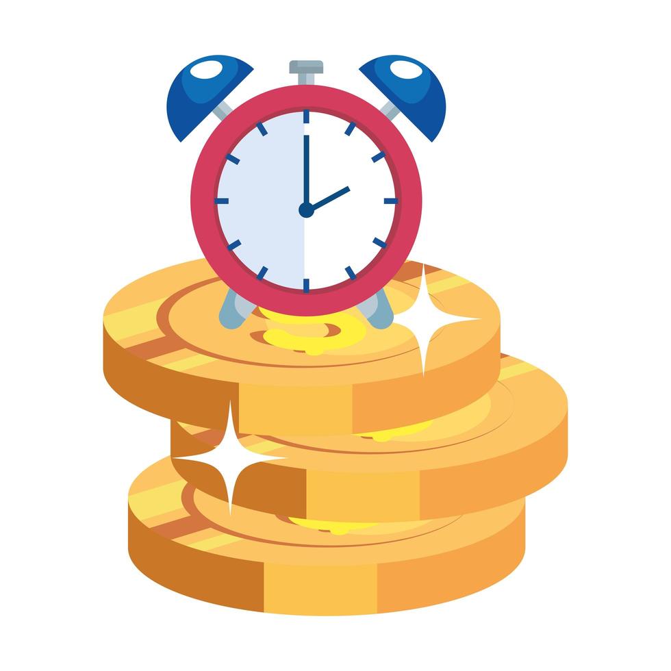 Pila de monedas con reloj despertador icono aislado vector