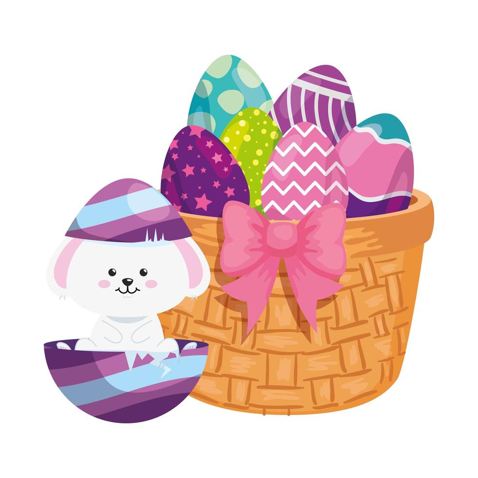 rabbit and cute eggs easter decorated with basket wicker vector