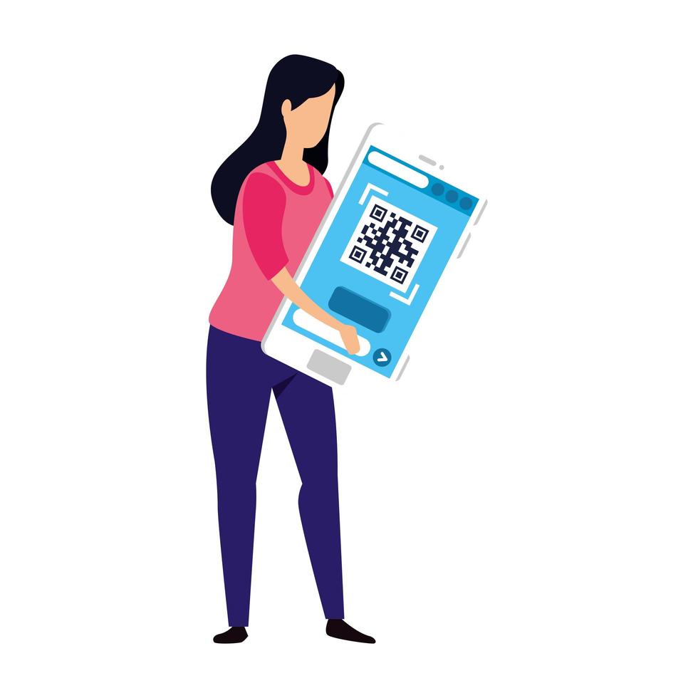 dispositivo de mujer y teléfono inteligente con código de escaneo qr vector