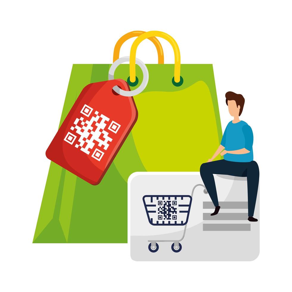 man and qr code with shopping icons vector