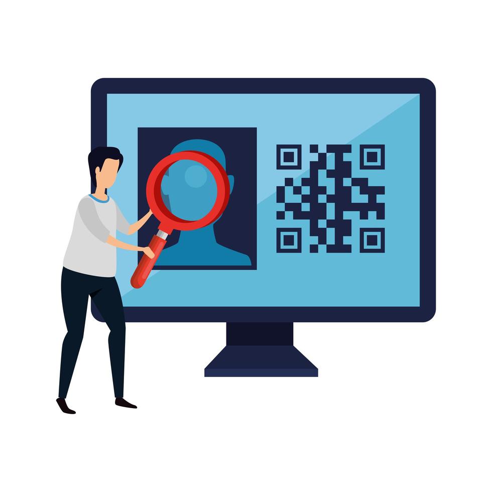 Hombre y computadora con icono aislado de código qr vector